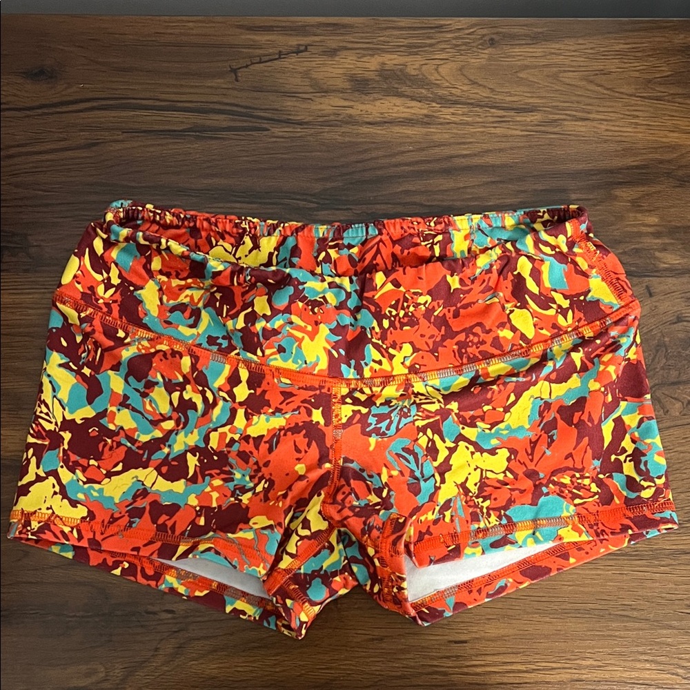 Fleo Red, Orange, and Yellow Patterned Athletic Shorts